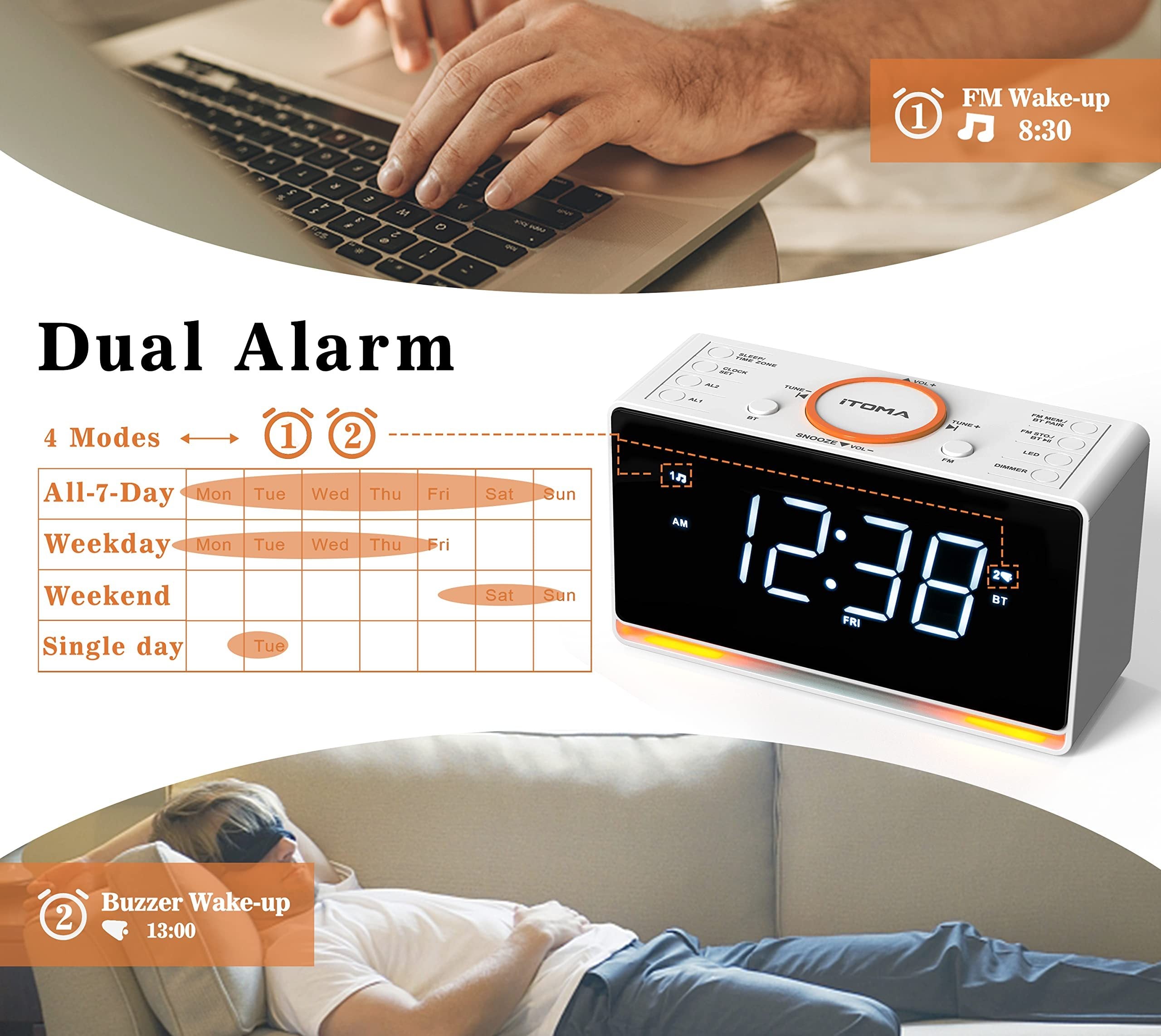 1pc White LED Alarm Clock Radio With Wireless Speaker, FM Radio, Dual Alarm And USB Charger , Bedside Desk Clock With Adjustable Dimmer And Night Light