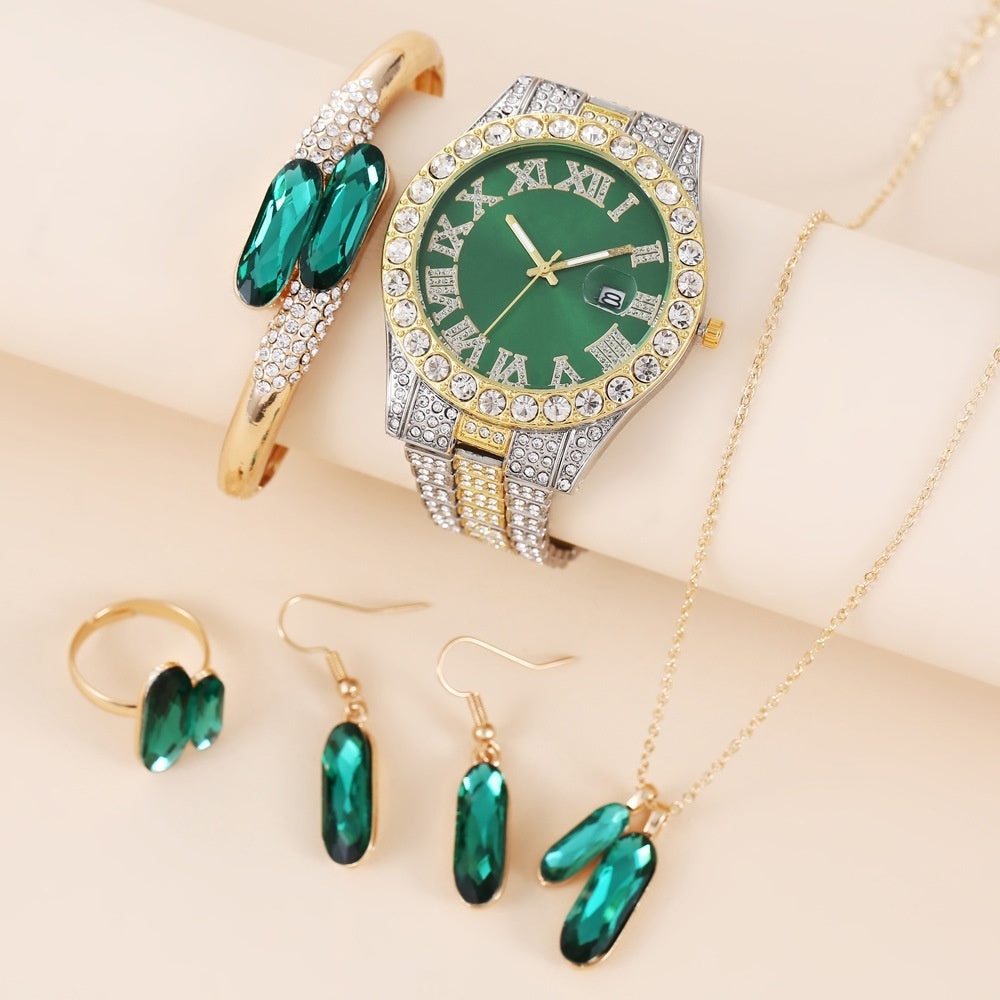 Green Steel Belt Quartz Watch Ring Necklace Earrings Suit