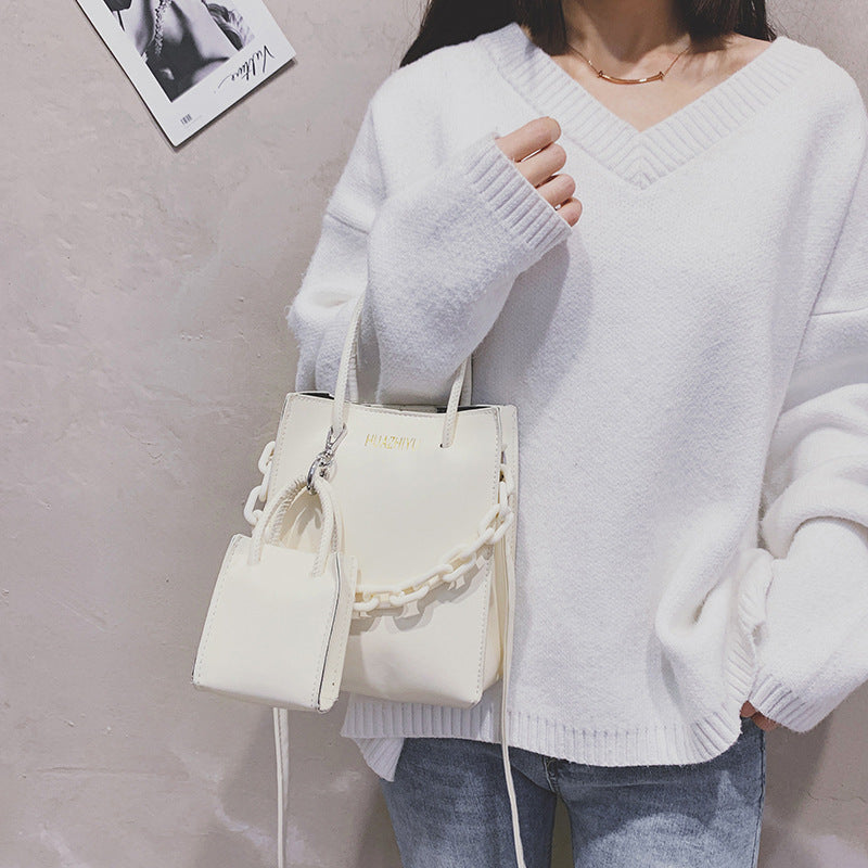 Pu Two-piece Messenger Bag Urban Simple Solid Color Chain Portable