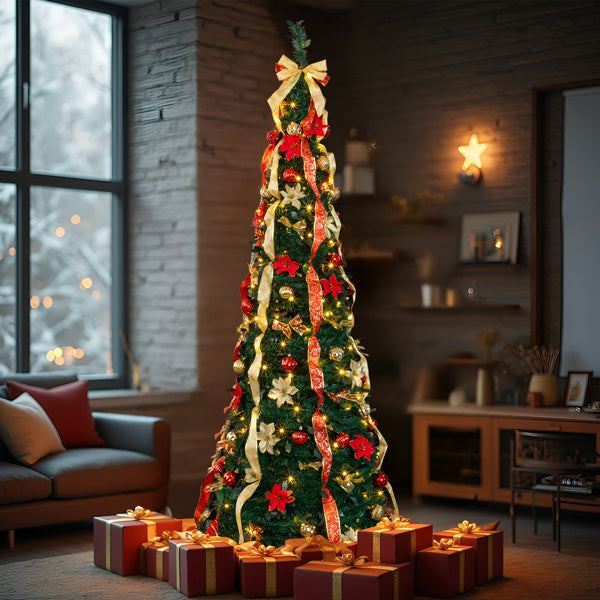 7 FT Fully Decorated Pre-lit Christmas Tree, Pop Up Artificial Xmas Tree With 200 Warm Lights Remote Control And Red & Golden Ornaments For Home Office Store Holiday Deco