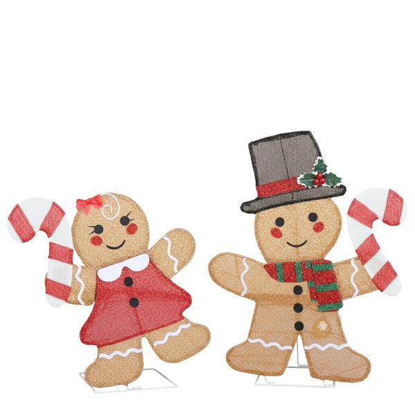Set Of 2 Lighted Gingerbread Man And Candy Cane Christmas Decorations, Pre-lit 2D Holiday Decor With 80 Warm White LED Lights For Xmas Outdoor Indoor Decor Lighted Holiday Displays