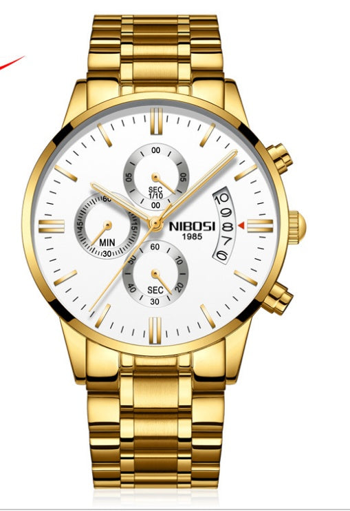 Solid steel belt men's watch waterproof coated glass luminous three-eye 6-pin quartz watch