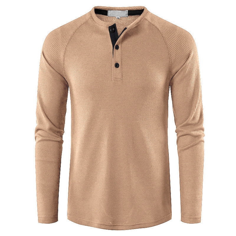 Men's Round Neck Waffle Long Sleeve Henry Casual T-shirt American Base Men's POIO Shirt