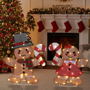 Set Of 2 Lighted Gingerbread Man And Candy Cane Christmas Decorations, Pre-lit 2D Holiday Decor With 80 Warm White LED Lights For Xmas Outdoor Indoor Decor Lighted Holiday Displays
