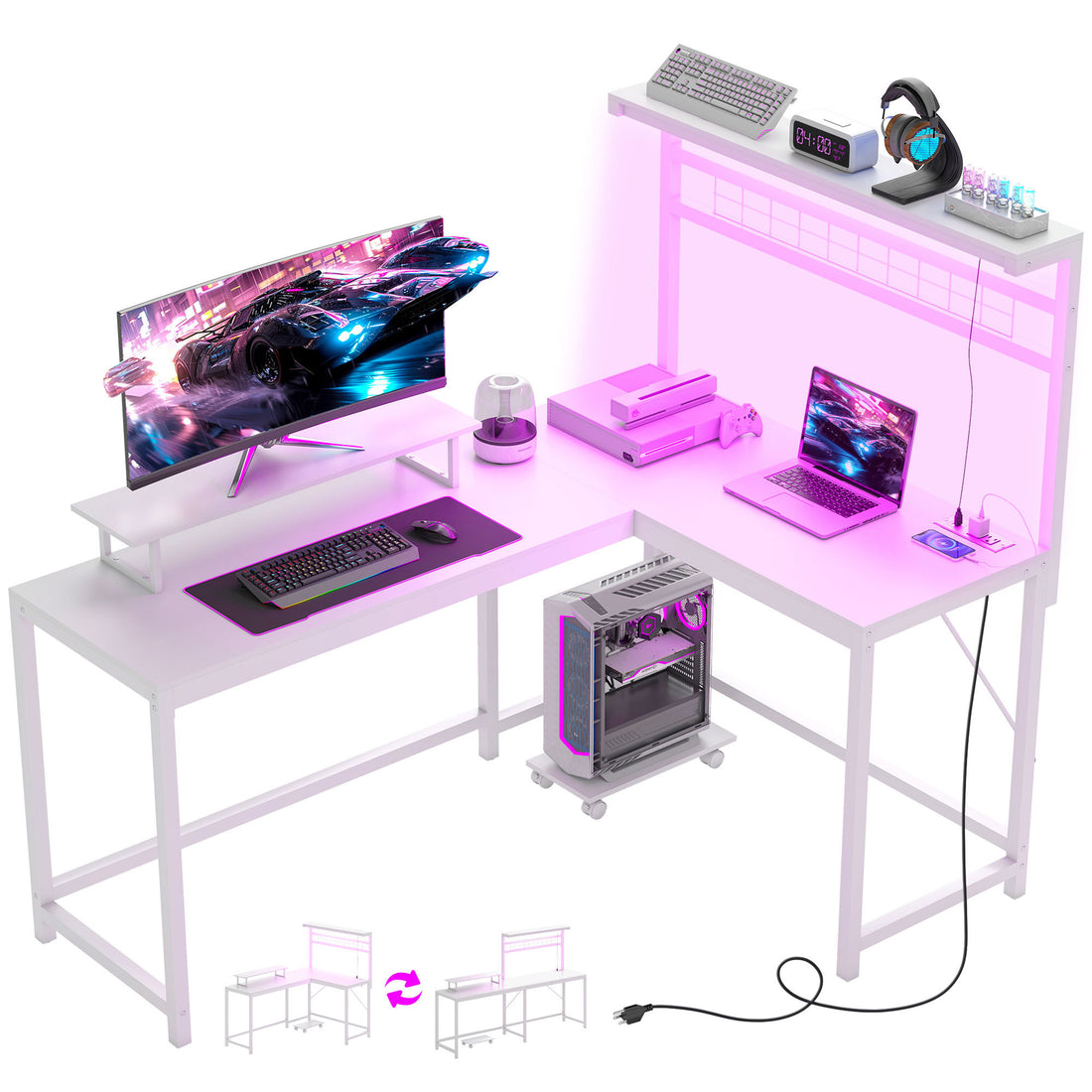 61.6 L Shaped Gaming Desk With Power Outlets & LED Lights, Computer Desk With Monitor Stand And CPU Shelf, White