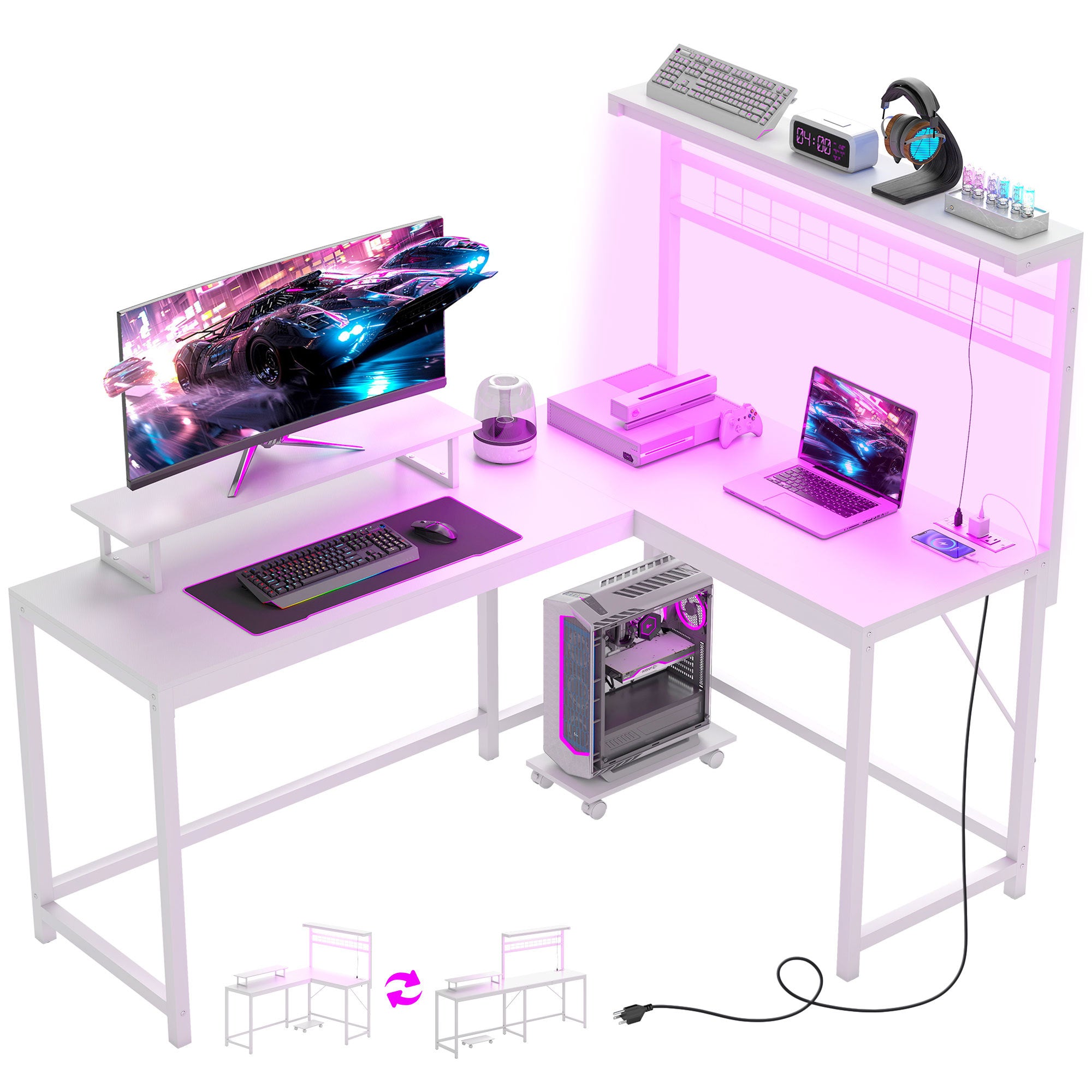 61.6 L Shaped Gaming Desk With Power Outlets & LED Lights, Computer Desk With Monitor Stand And CPU Shelf, White