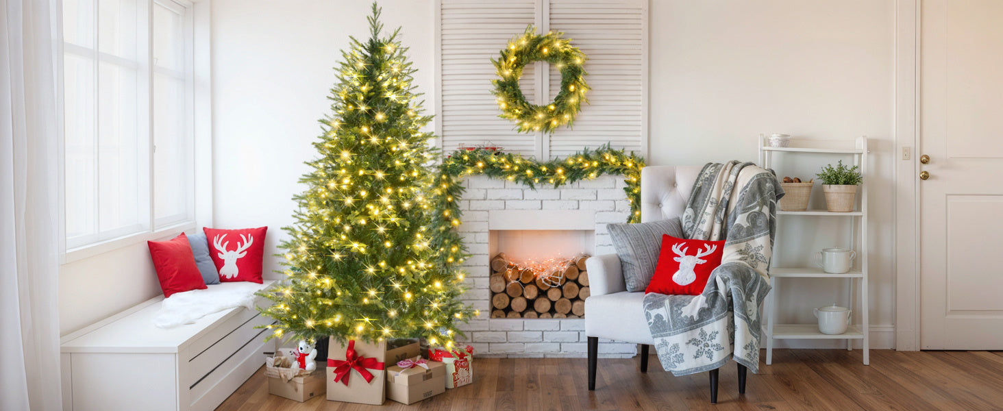 6 Feet Pre-Lit Aspen Fir Artificial Christmas Tree With Garlands And Garlands, Grass Green Christmas Tree With 380 Multi-Color LED Lights, 11 Lighting Modes, 861 PE Branch Tips