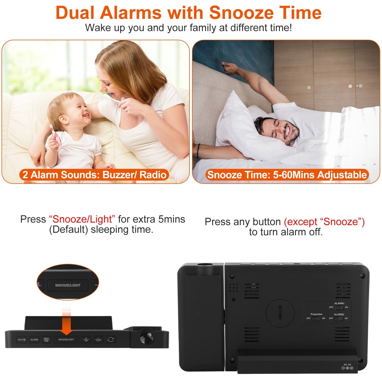 Atomic Projection Alarm Clock Radio Control Clock With WWVB Function Weather Station Dual Alarms Snooze Outdoor Wireless Temperature Humidity Sensor