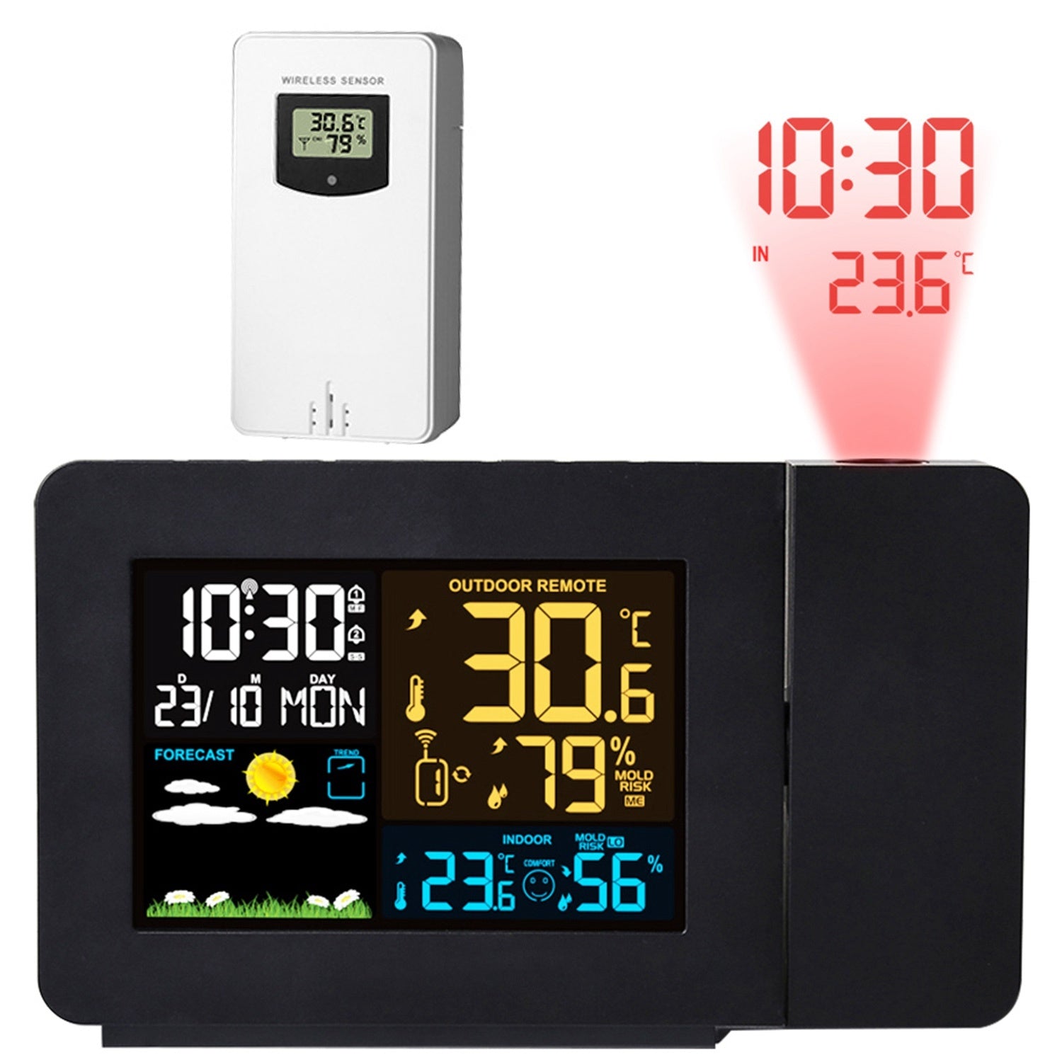 Atomic Projection Alarm Clock Radio Control Clock With WWVB Function Weather Station Dual Alarms Snooze Outdoor Wireless Temperature Humidity Sensor