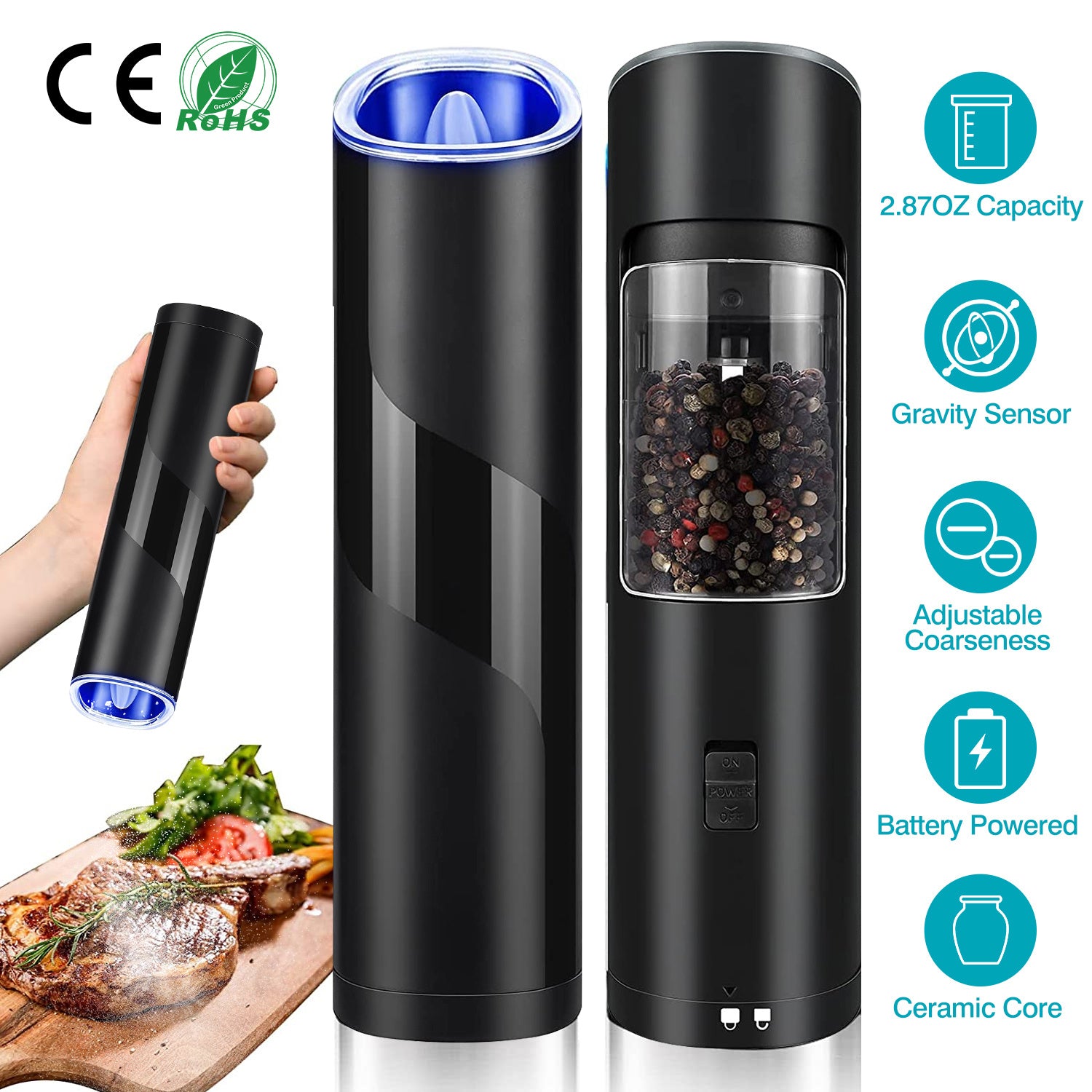 Electric Salt And Pepper Grinder Automatic Gravity Sensor Battery Powered Salt Mill LED Indicator Adjustable Coarseness One Hand Easy Operation
