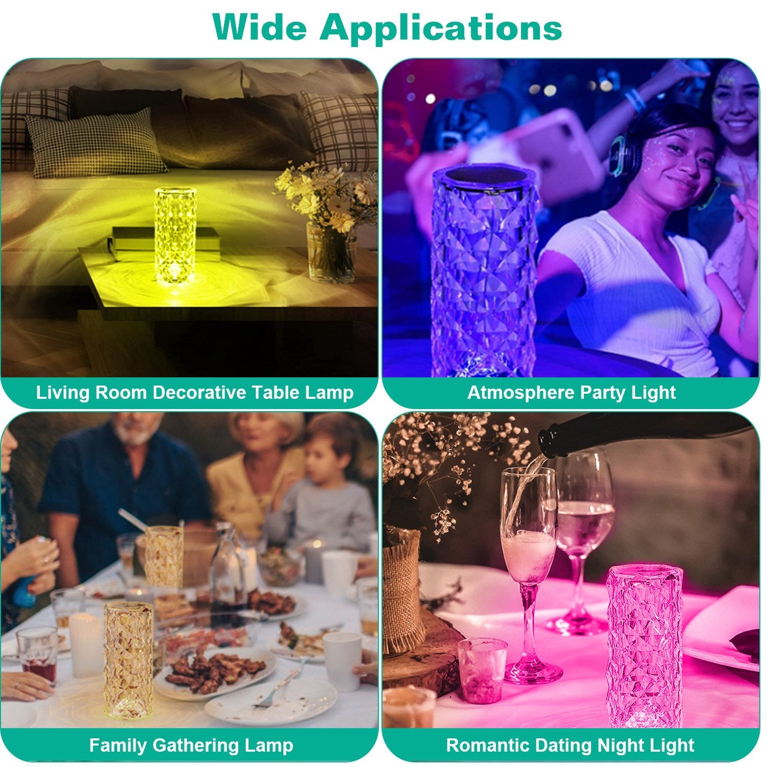 Crystal Diamond Rose Table Lamp Dimmable Remote Touch Control Beside LED Night Light Rechargeable 16 Color Change Atmosphere Bar Lamp