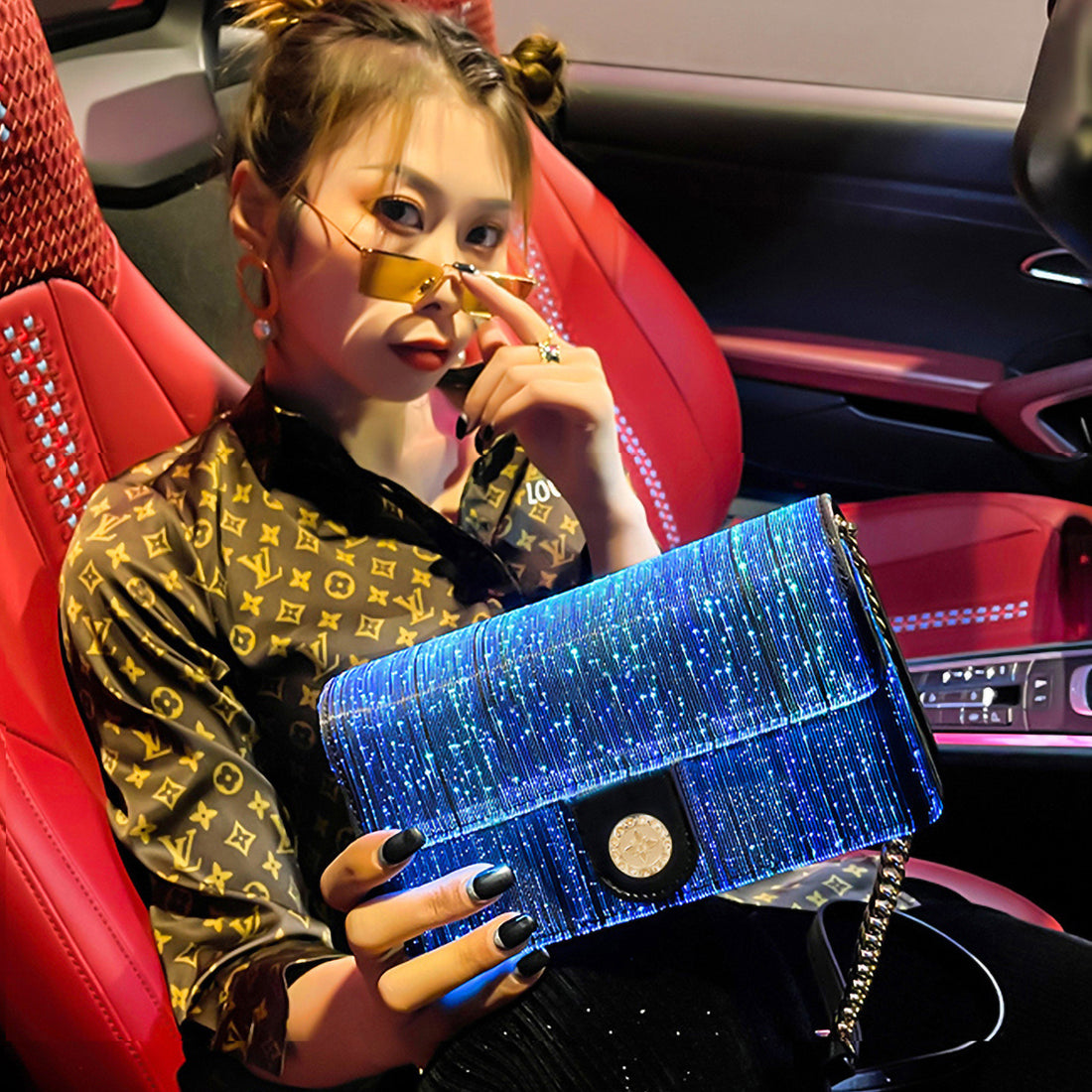 Optical Fiber Leather Luminous Women's Bag Small Square Bag