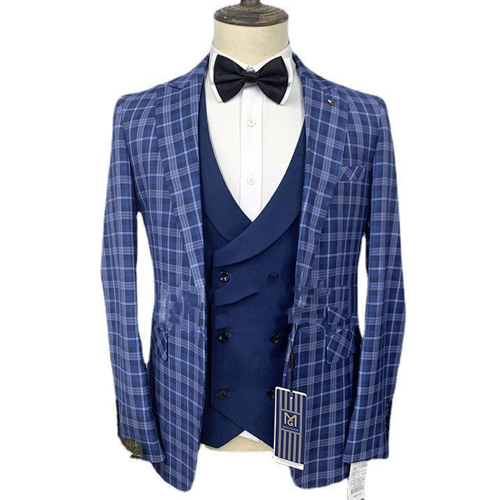 Men's Three-piece Fashion Personality Plaid Suit