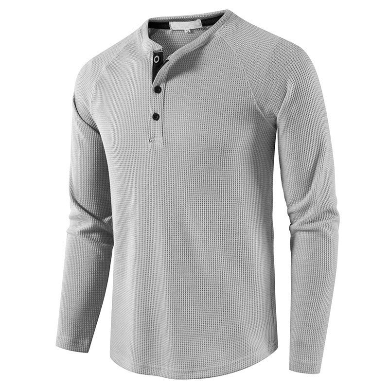 Men's Round Neck Waffle Long Sleeve Henry Casual T-shirt American Base Men's POIO Shirt