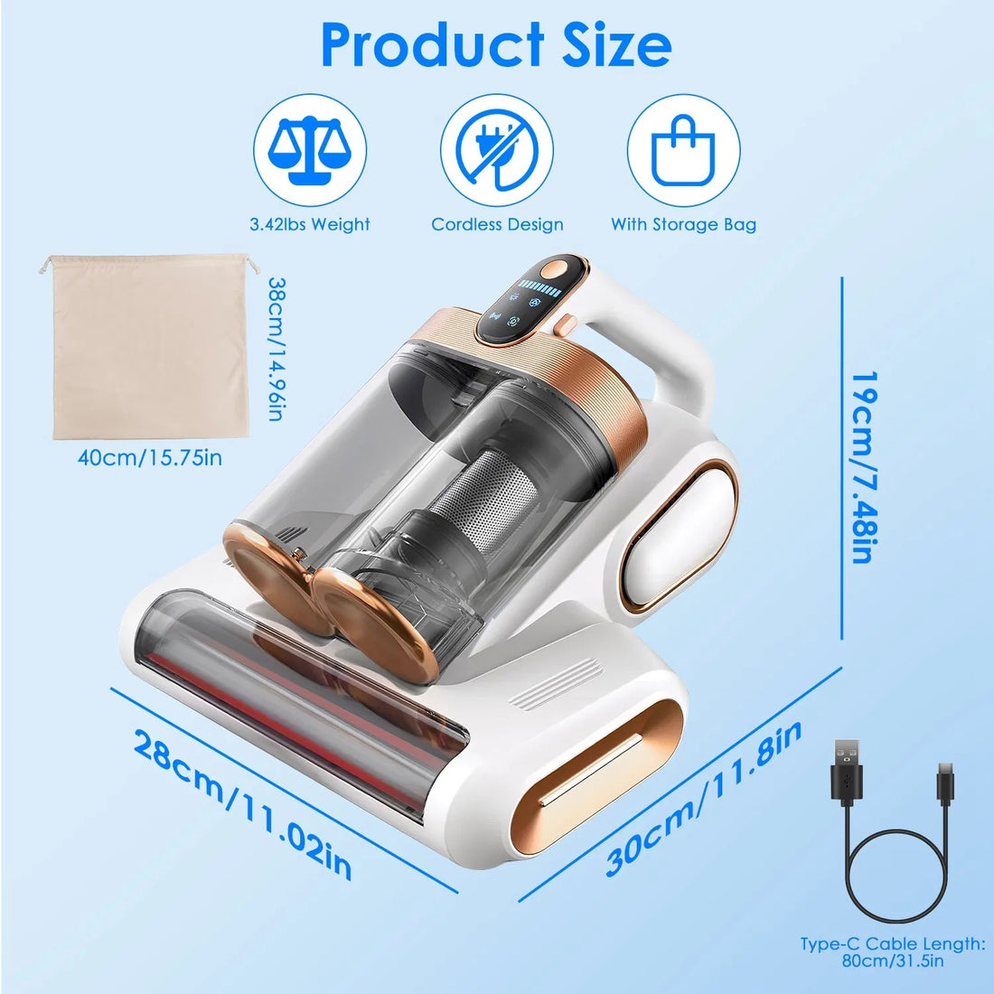1Pc Mattress Vacuum Cleaner 16Kpa Bed Vacuum Cleaner Handheld Vacuums With Ultrasonic & UVC Light 18000 RPM Brushroll Rotation Dual Dust Bins Washable Filters For Bed Pillows Cribs Sofa
