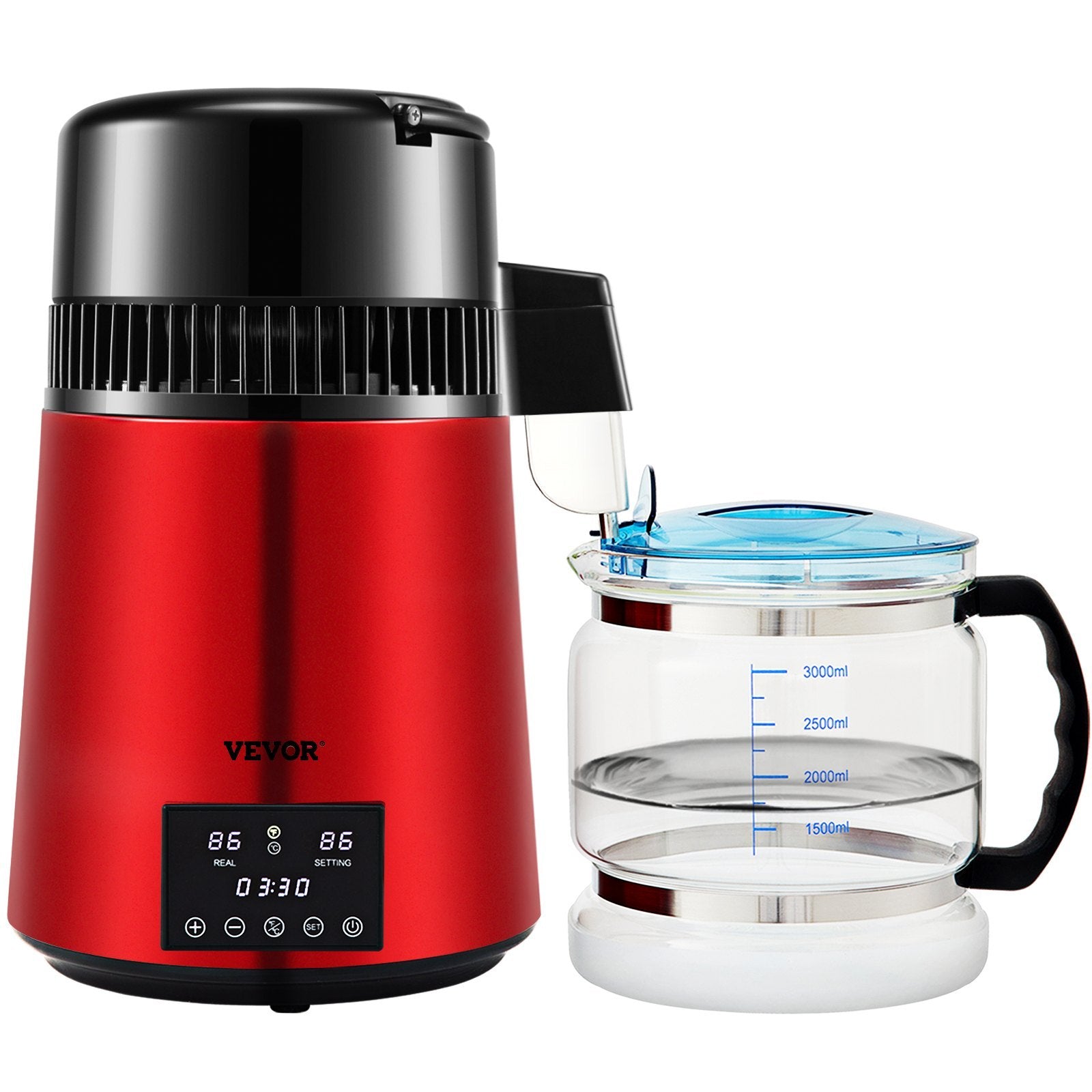 1.1Gal Water Distiller, 750W Distilled Water Maker Machine 0-99H Timing Dual Temp Display, 304 Stainless Steel Countertop Distiller Glass Carafe Cleaning Powder 3 Carbon Packs, Red