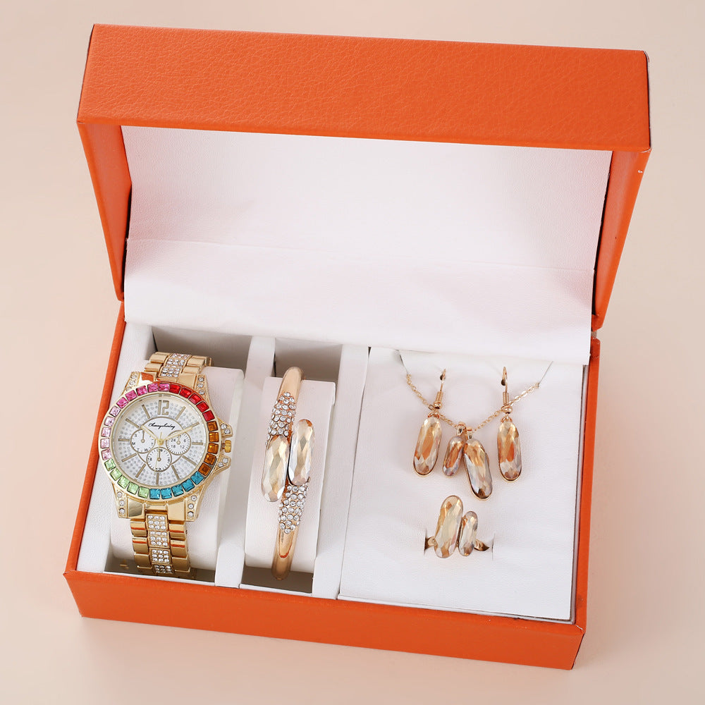 Green Steel Belt Quartz Watch Ring Necklace Earrings Suit