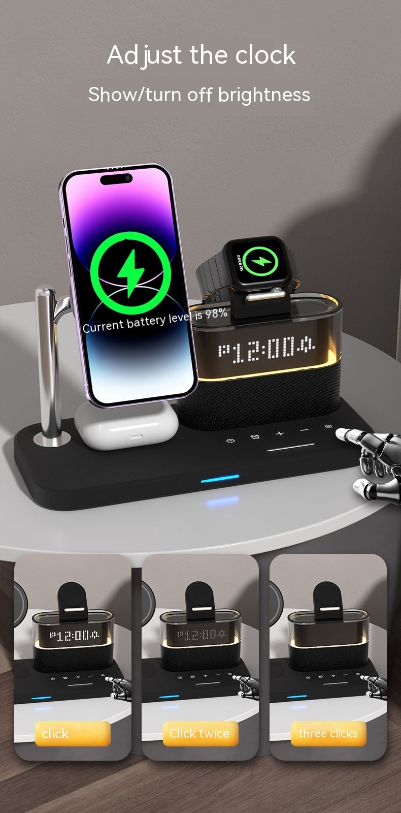 Magnetic Small Night Lamp Wireless Charger With Alarm Clock Three-in-one