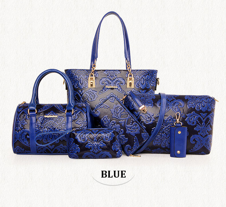 National wind embossed pure color mother bag six-piece rose women's Messenger bag