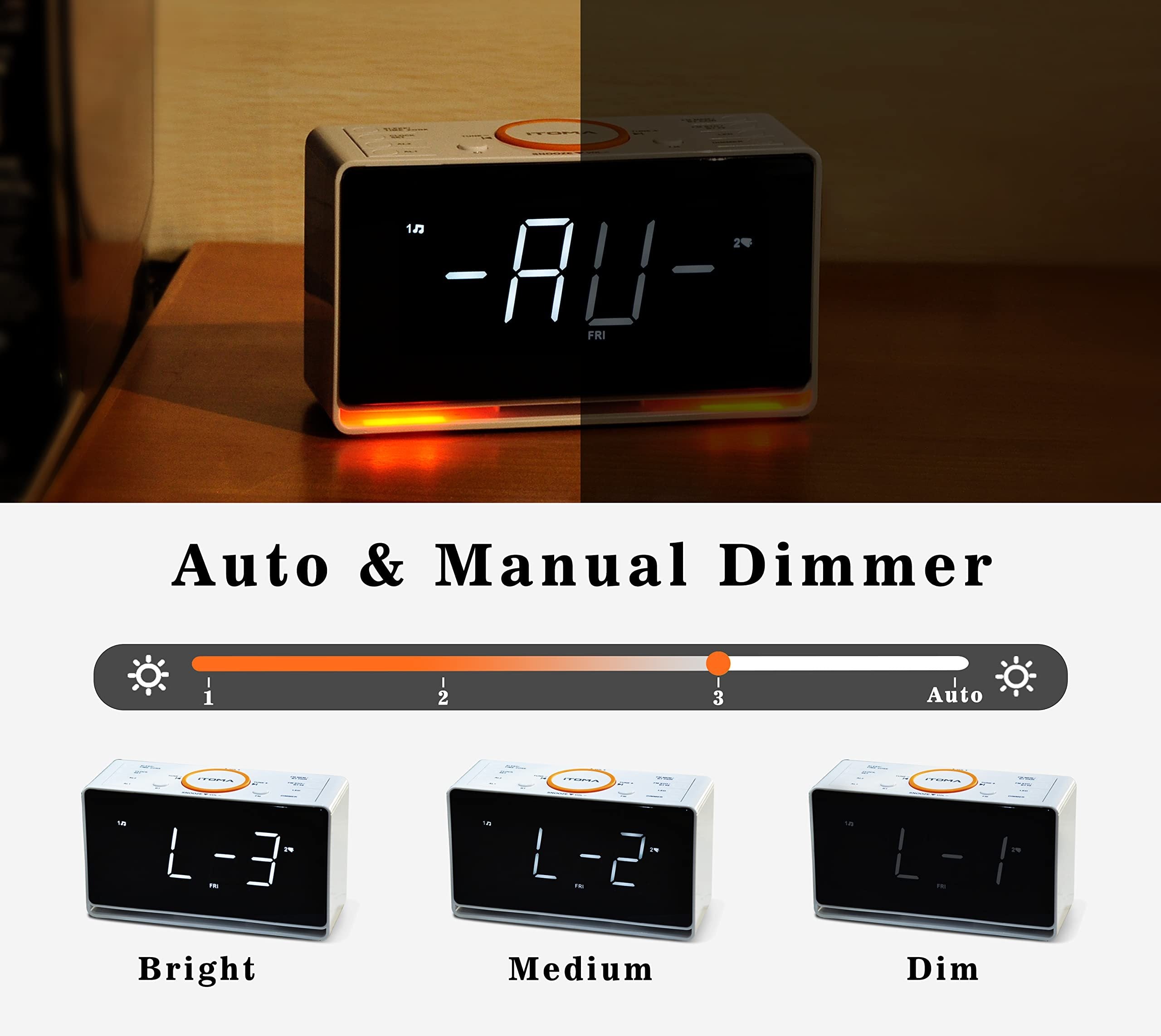 1pc White LED Alarm Clock Radio With Wireless Speaker, FM Radio, Dual Alarm And USB Charger , Bedside Desk Clock With Adjustable Dimmer And Night Light