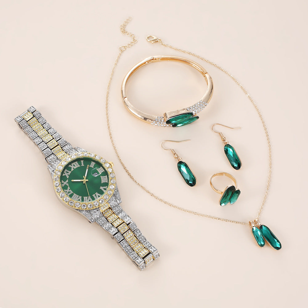 Green Steel Belt Quartz Watch Ring Necklace Earrings Suit