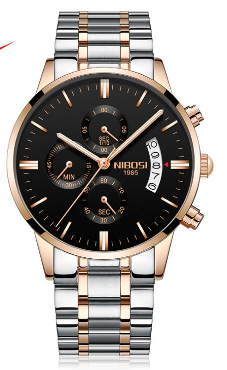 Solid steel belt men's watch waterproof coated glass luminous three-eye 6-pin quartz watch