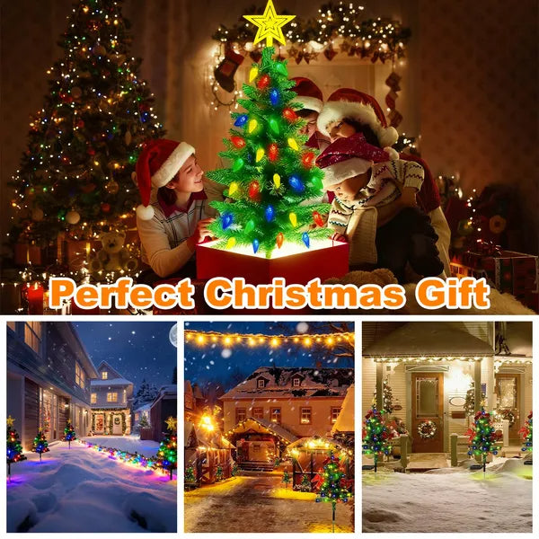 2Pack 37.4in Height Solar Christmas Tree With Colorful LED Beads 8 Lighting Modes For Xmas Decoration IP44 Waterproof Outdoor Pathway Stake Light For Lawn Garden Yard Patio