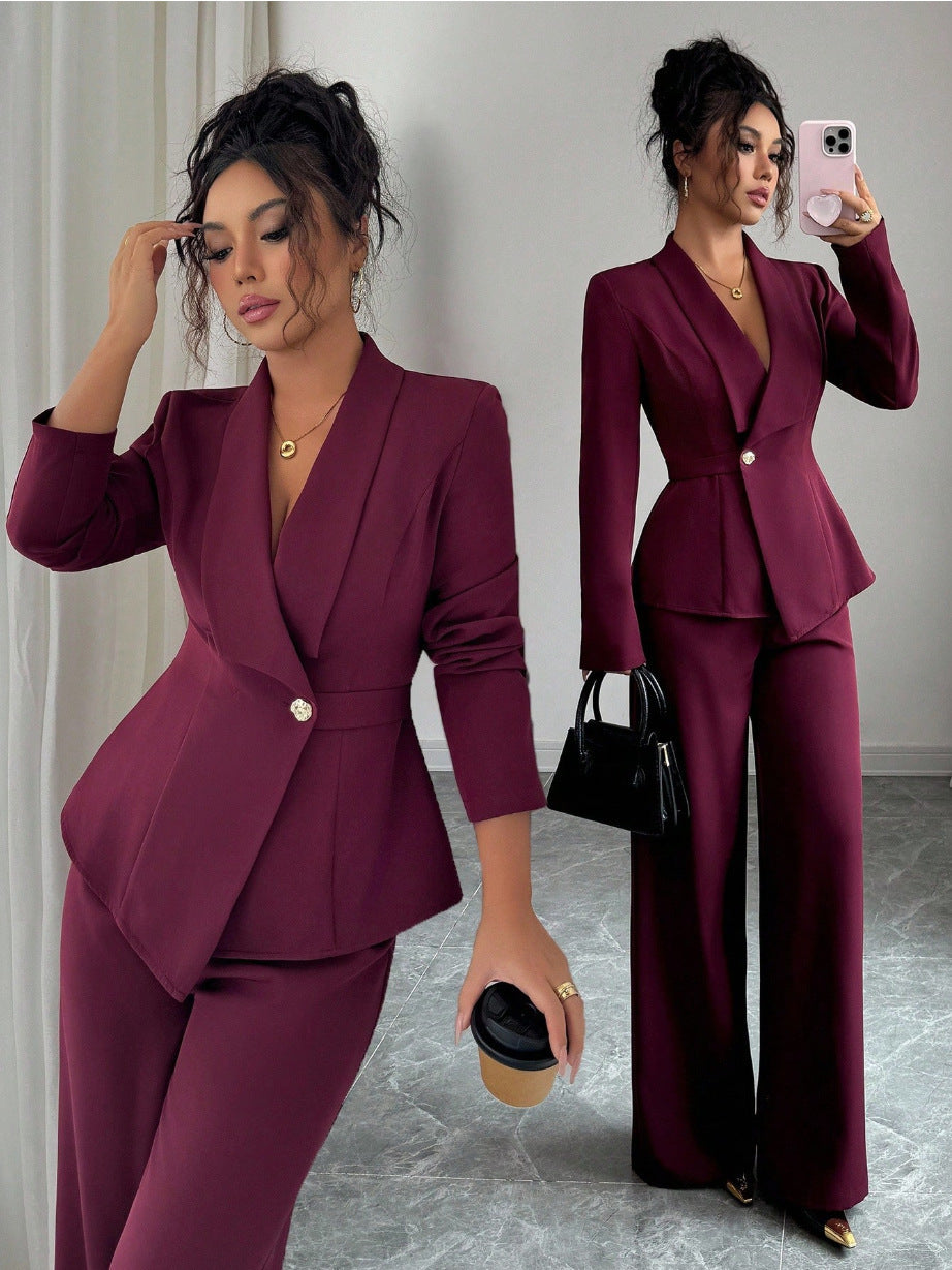Women's Long-sleeved Suit Jacket Straight-leg Pants Top And Bottom