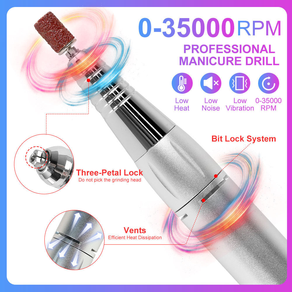 Professional Electric Nail Drill, 45000 RPM Cordless Rechargeable E-File Machine, With 12 Bits, Sanding Bands, LCD Display For Acrylic Gel Nails