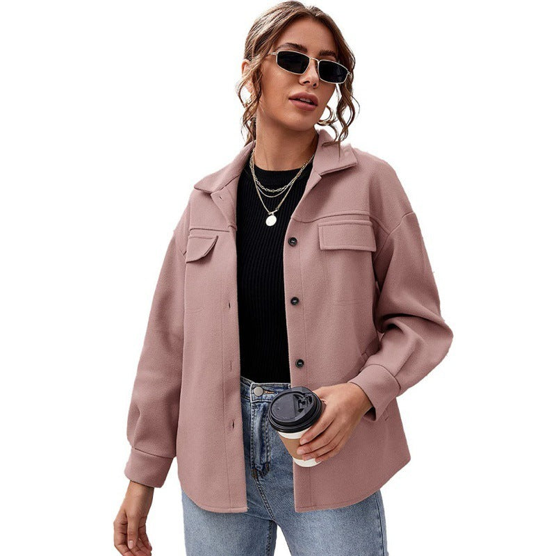 Women's Loose Casual Lapel Buttoned Solid Color Woolen Coat