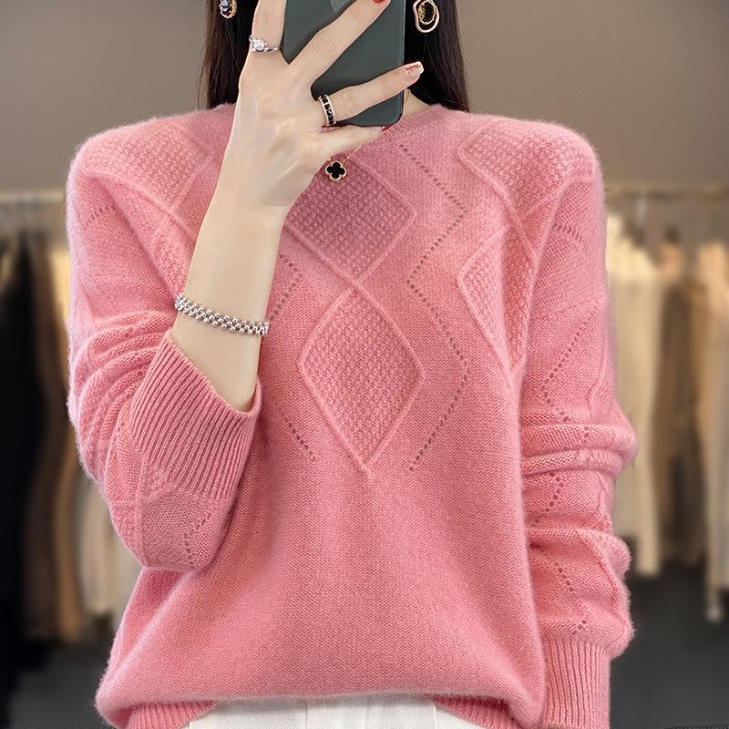 All-matching Western Style Women's Pullover Top Sweater Solid Color Round Neck Rhombus Hollow Out Sweater