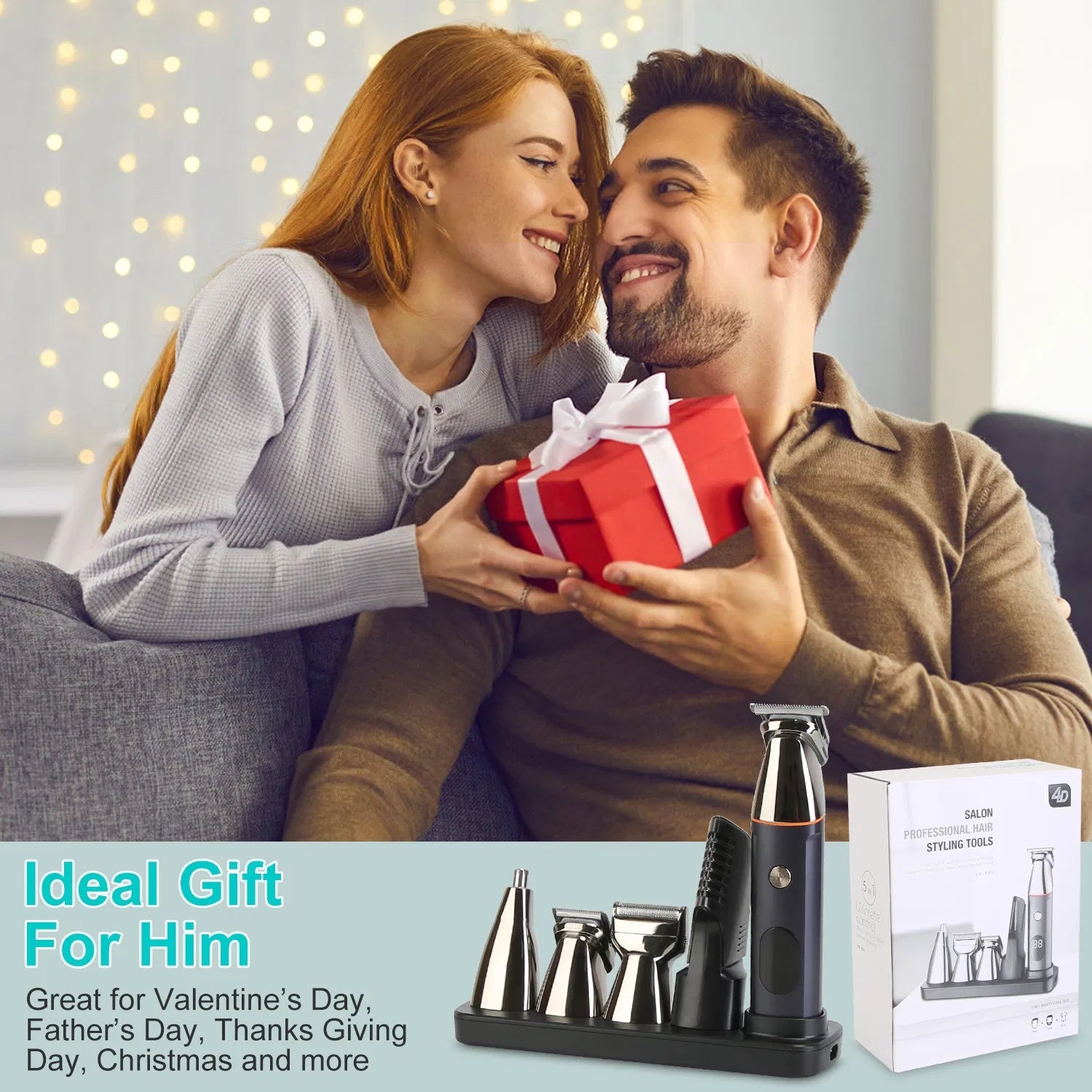 All In One Beard Trimmer For Men With 5 Trimmer Heads IPX5 Waterproof Electric Razor For Face Nose Body Beard Cordless Hair Shaver Clipper Grooming Kit For Men Husband Father