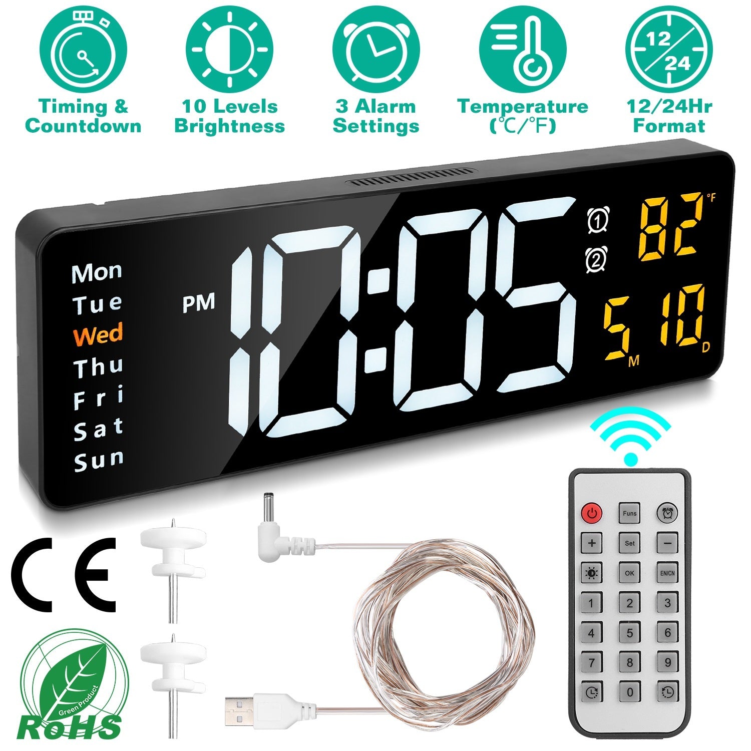 15.7in LED Digital Wall Clock With Remote Control 10 Level Brightness 3 Alarm Settings 12-24Hr Format Timing Countdown Temperature Calendar Display Decorative Clock For Office Home