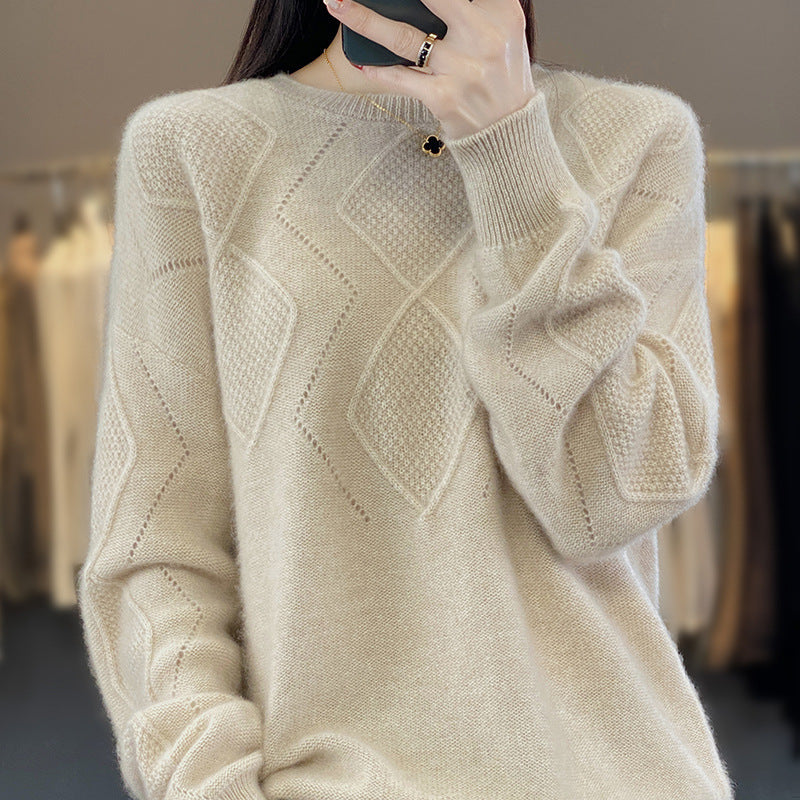 All-matching Western Style Women's Pullover Top Sweater Solid Color Round Neck Rhombus Hollow Out Sweater