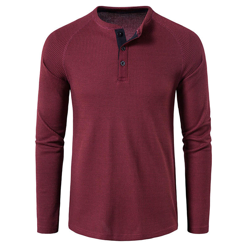 Men's Round Neck Waffle Long Sleeve Henry Casual T-shirt American Base Men's POIO Shirt