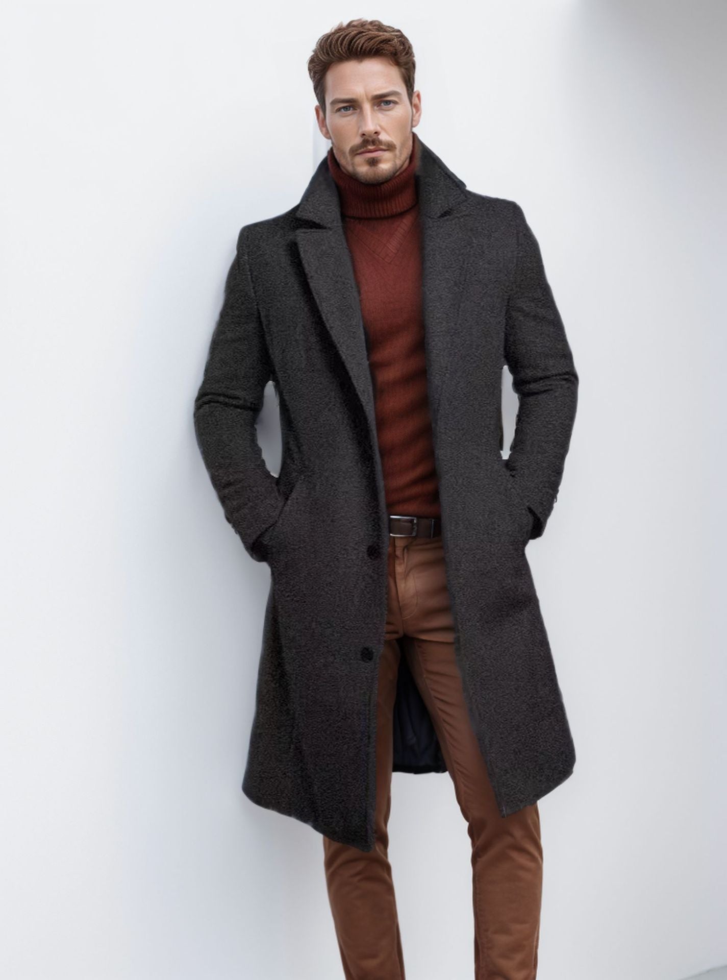 Men's Mid-length Solid Color Autumn And Winter Woolen Coat