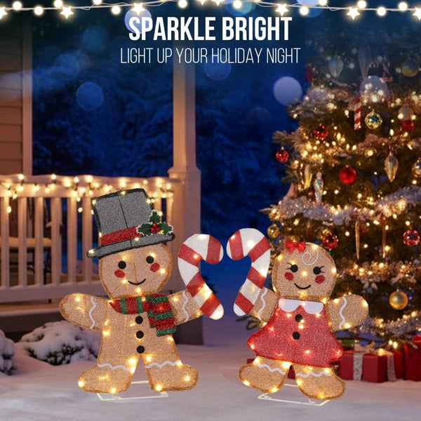 Set Of 2 Lighted Gingerbread Man And Candy Cane Christmas Decorations, Pre-lit 2D Holiday Decor With 80 Warm White LED Lights For Xmas Outdoor Indoor Decor Lighted Holiday Displays