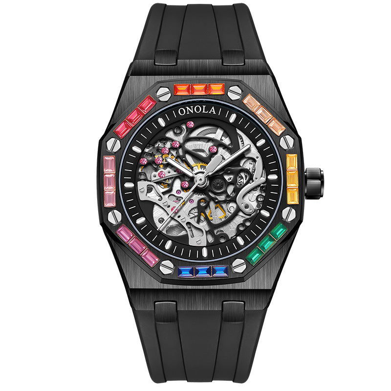 Men's Silicone Band Rainbow Diamond Automatic Mechanical Watch