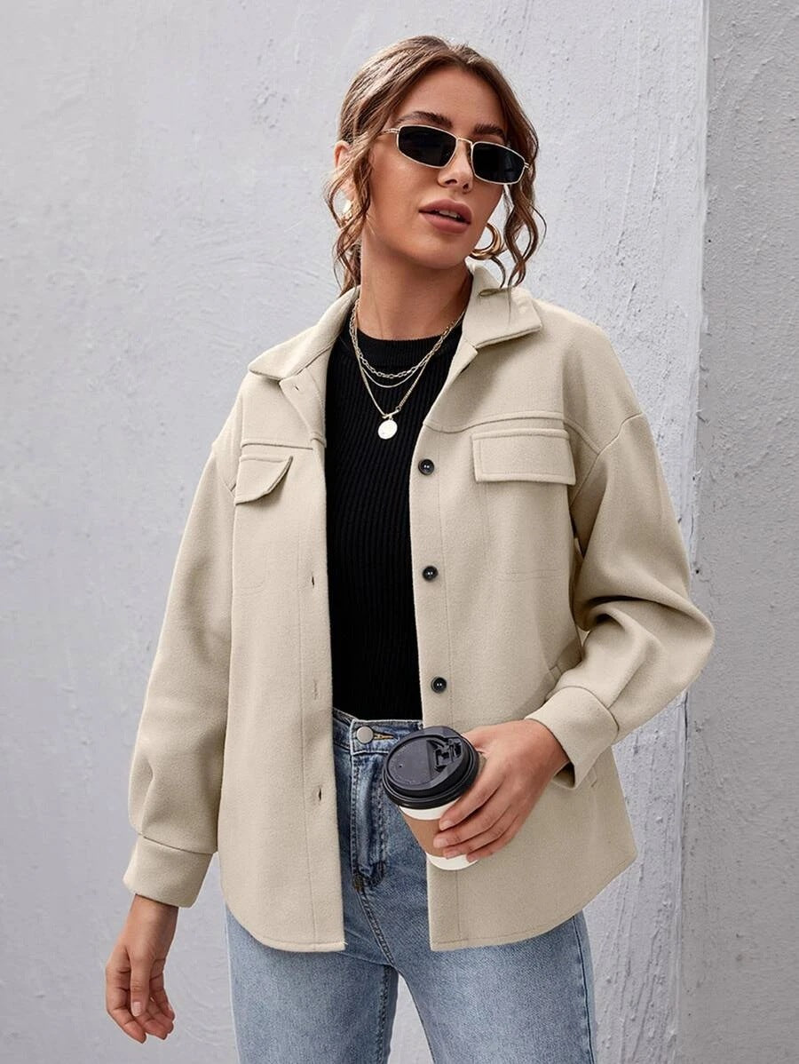 Women's Loose Casual Lapel Buttoned Solid Color Woolen Coat