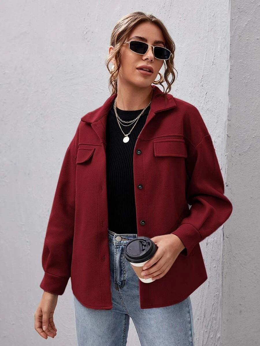 Women's Loose Casual Lapel Buttoned Solid Color Woolen Coat