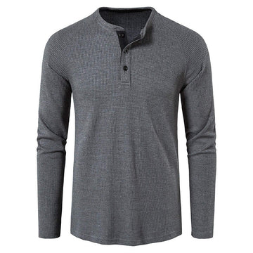 Men's Round Neck Waffle Long Sleeve Henry Casual T-shirt American Base Men's POIO Shirt