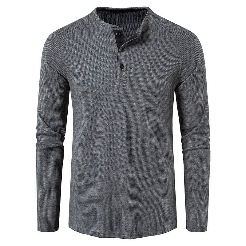 Men's Round Neck Waffle Long Sleeve Henry Casual T-shirt American Base Men's POIO Shirt