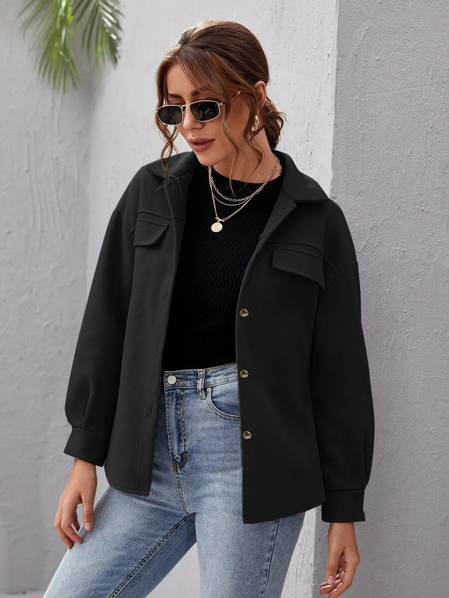 Women's Loose Casual Lapel Buttoned Solid Color Woolen Coat