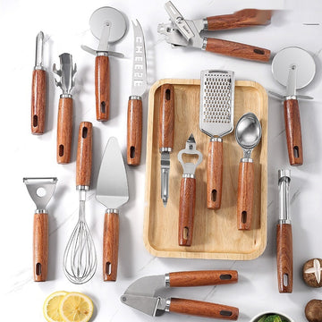 Kitchen Gadget Set Rosewood Bottle Opener Egg Beater Peeler Pizza Shovel Knife Corset Stainless Steel Suit