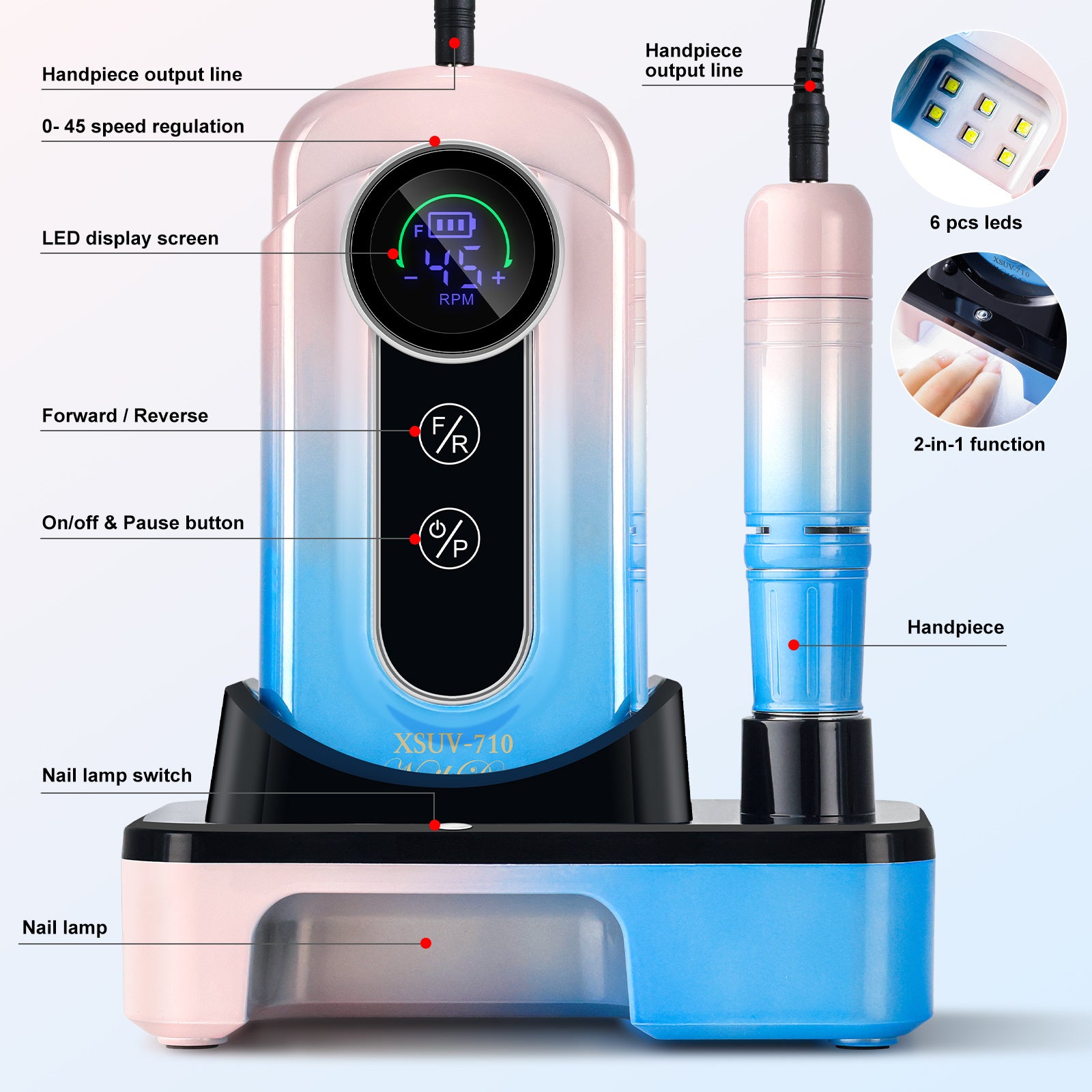 Nail Drill, Portable Electric Nail File 45000RPM, Rechargeable Nail Drill Professional With Bits & Base, For Acrylic Gel Nails, E-File Machine, Manicure Polishing, For Salon Home