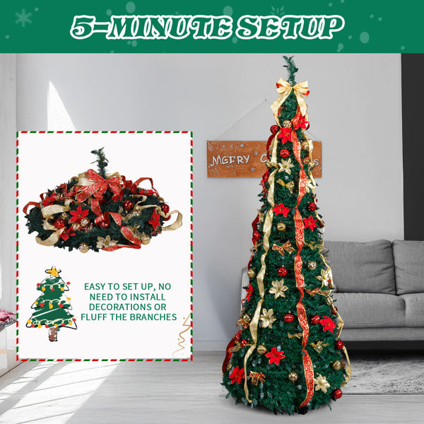 7 FT Fully Decorated Pre-lit Christmas Tree, Pop Up Artificial Xmas Tree With 200 Warm Lights Remote Control And Red & Golden Ornaments For Home Office Store Holiday Deco