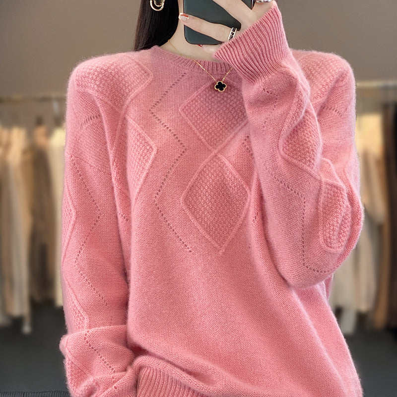 All-matching Western Style Women's Pullover Top Sweater Solid Color Round Neck Rhombus Hollow Out Sweater