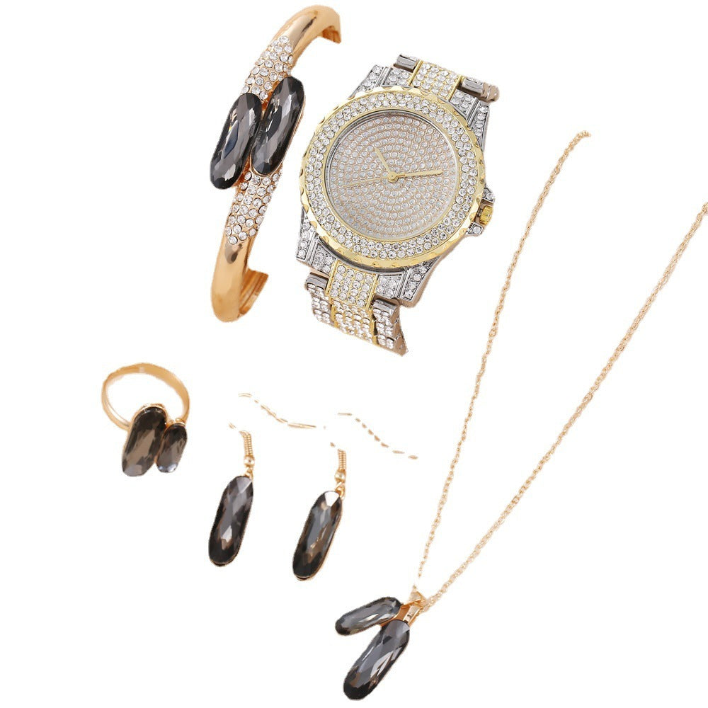 Green Steel Belt Quartz Watch Ring Necklace Earrings Suit