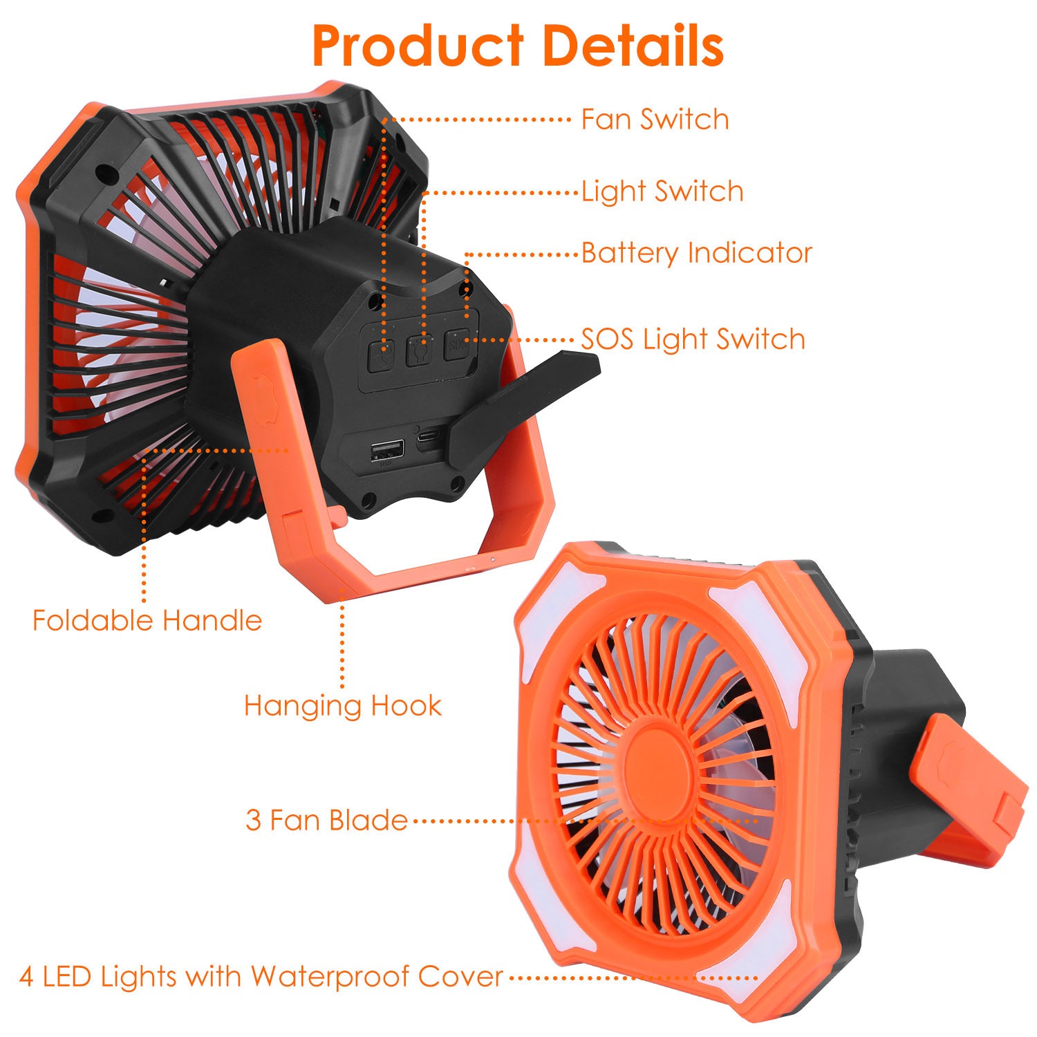 Portable Camping Lantern Fan Battery Powered Hanging Fan USB Rechargeable Tent Fan With 4 Light Modes 3 Wind Modes Emergency Power Bank Remote Control Hanging Hook