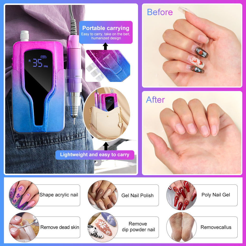 Professional Electric Nail Drill, 45000 RPM Cordless Rechargeable E-File Machine, With 12 Bits, Sanding Bands, LCD Display For Acrylic Gel Nails
